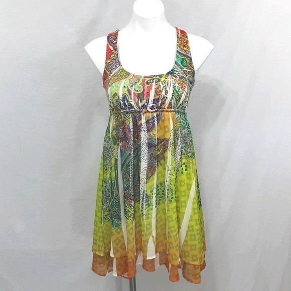 S-Twelve Multiprint Empire Waist Racerback Tunic Dress Small Boho Chic - Picture 3 of 7